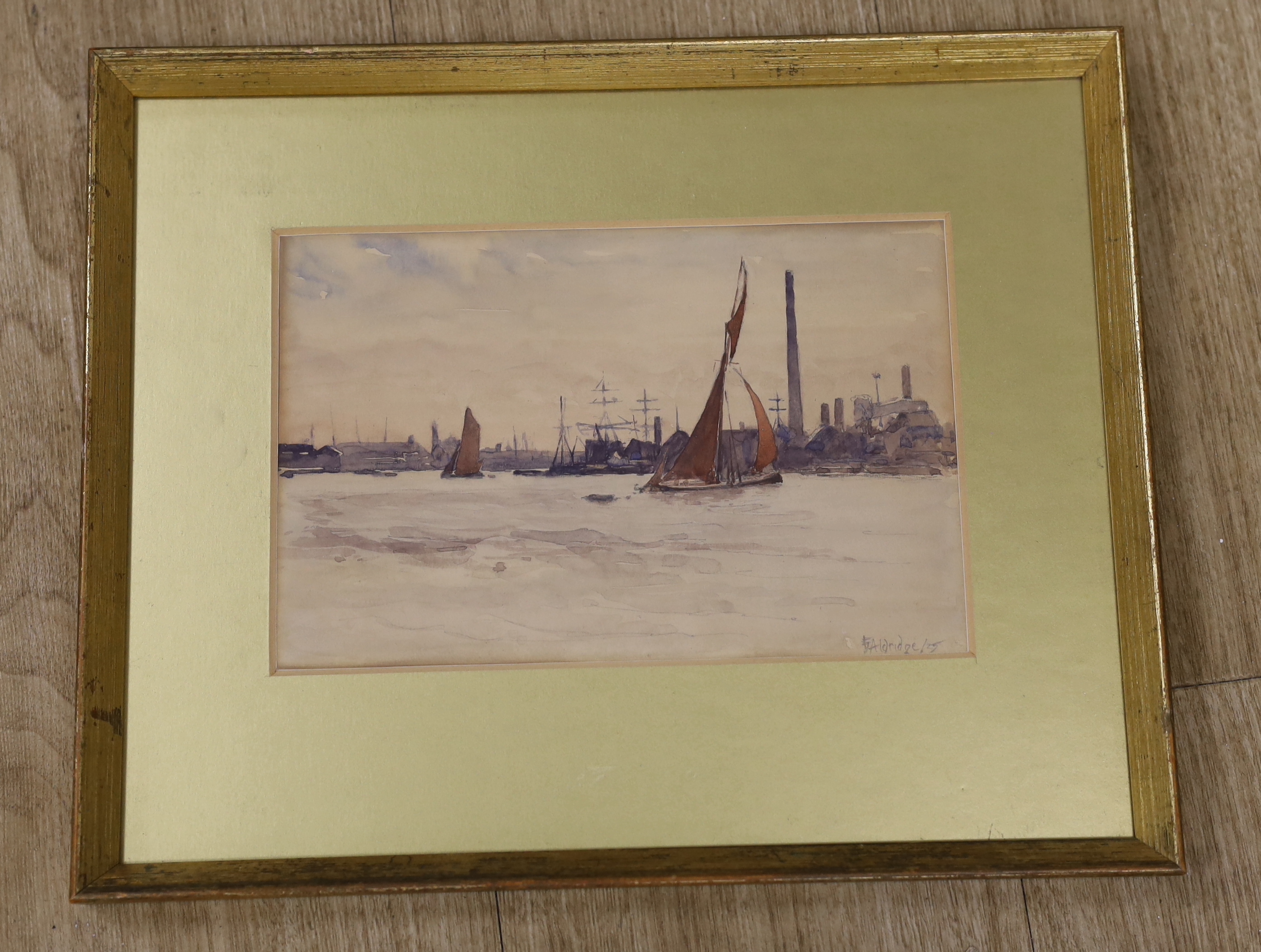 Attributed to Frederick James Aldridge (1850–1933), watercolour, Thames at Greenwich, signed and dated '25, 16 x 24cm